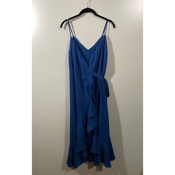 Lulu’s Manhattan Moment Blue Ruffled Midi Wrap Dress in Royal Blue Size Large - Picture 3 of 10